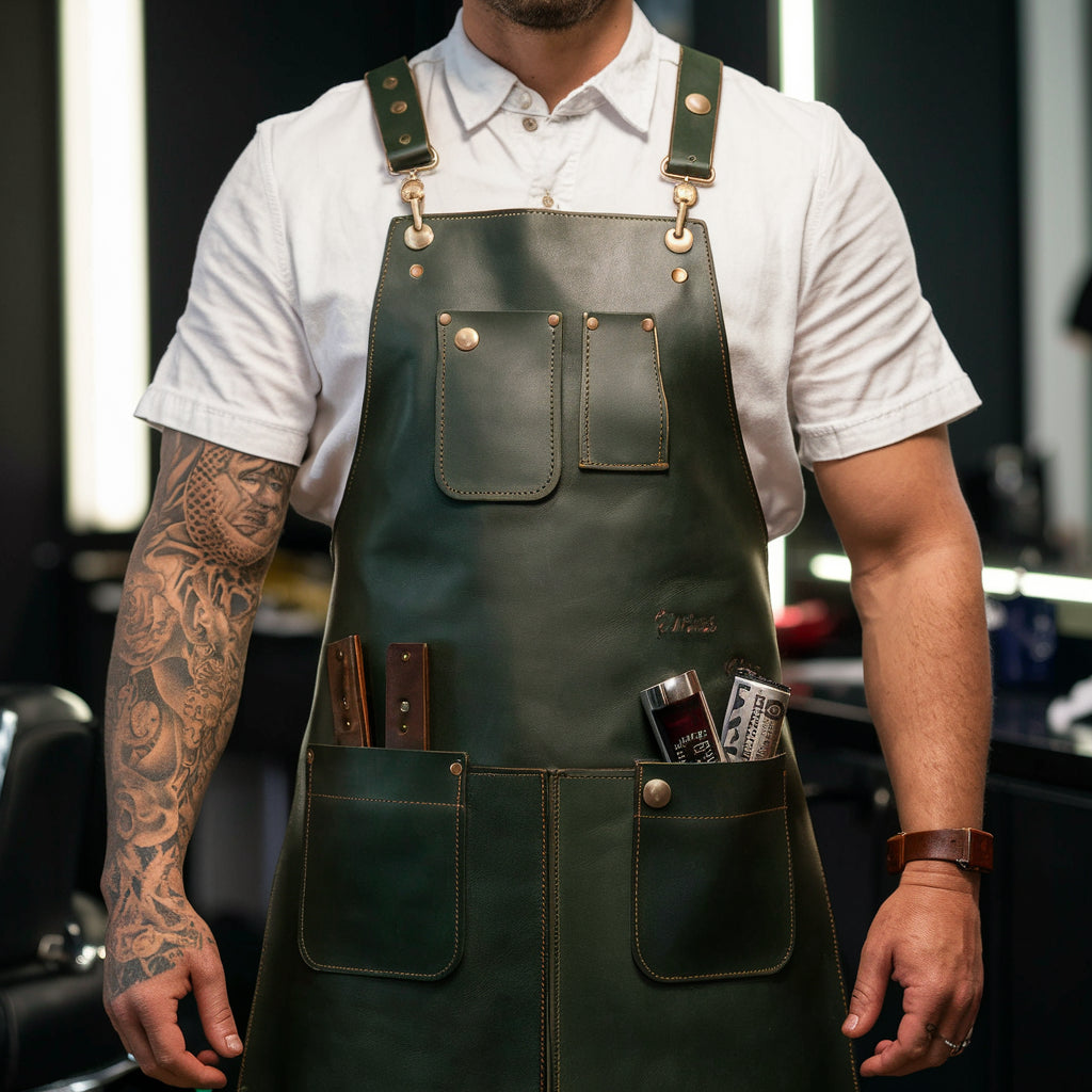 ShearGuard Dark Green Crazy Horse Leather Barber Apron image 0